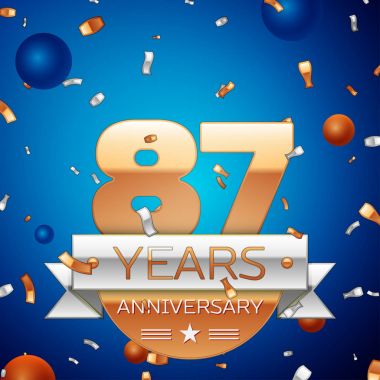 Gerçekçi seksen yedi yıl yıldönümü kutlama tasarım. Golden numaraları ve gümüş şerit, mavi zemin üzerine konfeti. Doğum günü partin için renkli vektör şablon öğeleri