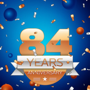 Gerçekçi seksen dört yıl yıldönümü kutlama tasarım. Golden numaraları ve gümüş şerit, mavi zemin üzerine konfeti. Doğum günü partin için renkli vektör şablon öğeleri