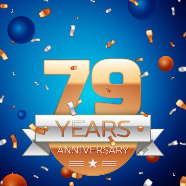 Gerçekçi yetmiş dokuz yıl yıldönümü kutlama tasarım. Golden numaraları ve gümüş şerit, mavi zemin üzerine konfeti. Doğum günü partin için renkli vektör şablon öğeleri