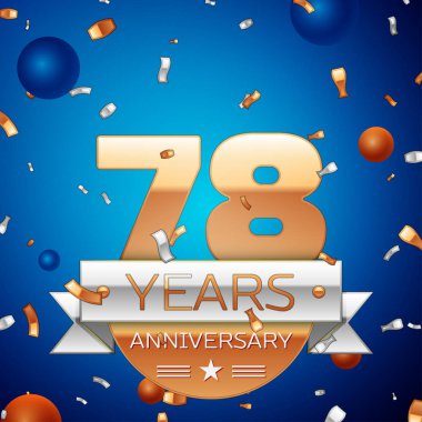 Gerçekçi yetmiş sekiz yıl yıldönümü kutlama tasarım. Golden numaraları ve gümüş şerit, mavi zemin üzerine konfeti. Doğum günü partin için renkli vektör şablon öğeleri