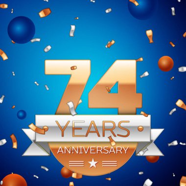 Gerçekçi Yetmiş dört yıl yıldönümü kutlama tasarım. Golden numaraları ve gümüş şerit, mavi zemin üzerine konfeti. Doğum günü partin için renkli vektör şablon öğeleri
