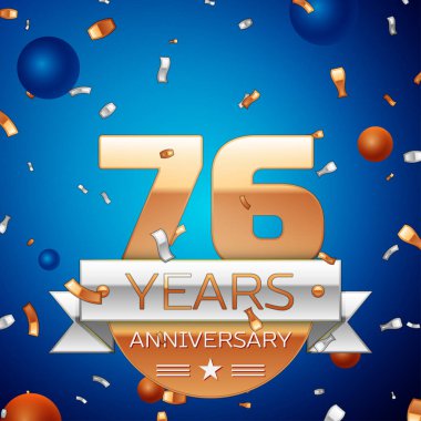 Gerçekçi yetmiş altı yıl yıldönümü kutlama tasarım. Golden numaraları ve gümüş şerit, mavi zemin üzerine konfeti. Doğum günü partin için renkli vektör şablon öğeleri