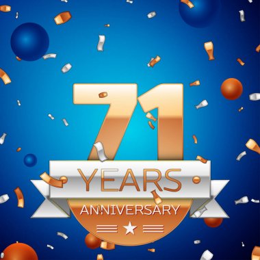 Gerçekçi yetmiş bir yıl yıldönümü kutlama tasarım. Golden numaraları ve gümüş şerit, mavi zemin üzerine konfeti. Doğum günü partin için renkli vektör şablon öğeleri