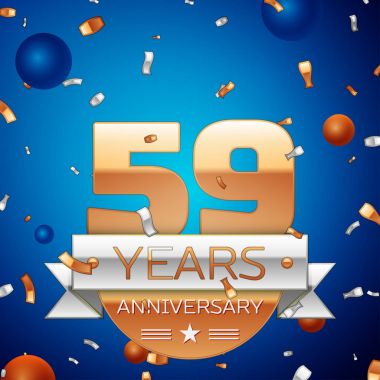 Gerçekçi elli dokuz yıl yıldönümü kutlama tasarım. Golden numaraları ve gümüş şerit, mavi zemin üzerine konfeti. Doğum günü partin için renkli vektör şablon öğeleri