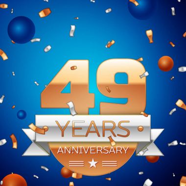 Gerçekçi kırk dokuz yıl yıldönümü kutlama tasarım. Golden numaraları ve gümüş şerit, mavi zemin üzerine konfeti. Doğum günü partin için renkli vektör şablon öğeleri