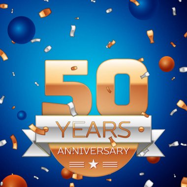 Gerçekçi elli yıl yıldönümü kutlama tasarım. Golden numaraları ve gümüş şerit, mavi zemin üzerine konfeti. Doğum günü partin için renkli vektör şablon öğeleri