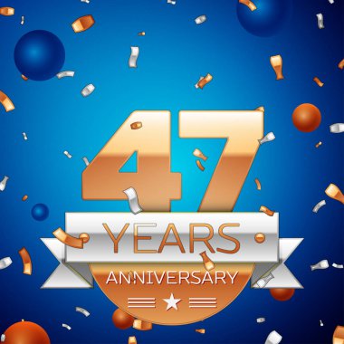 Gerçekçi kırk yedi yıl yıldönümü kutlama tasarım. Golden numaraları ve gümüş şerit, mavi zemin üzerine konfeti. Doğum günü partin için renkli vektör şablon öğeleri