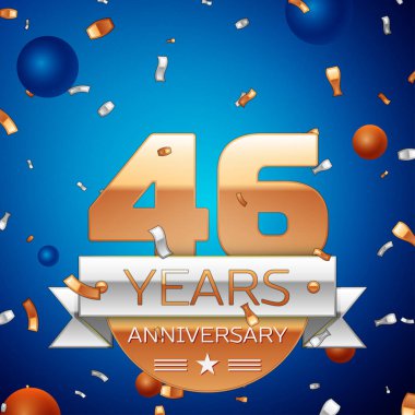 Gerçekçi kırk altı yıl yıldönümü kutlama tasarım. Golden numaraları ve gümüş şerit, mavi zemin üzerine konfeti. Doğum günü partin için renkli vektör şablon öğeleri