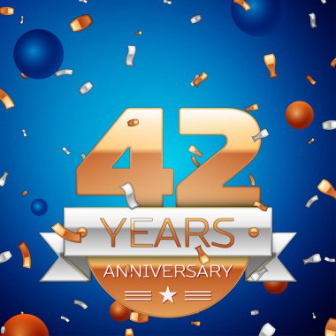 Gerçekçi kırk iki yıl yıldönümü kutlama tasarım. Golden numaraları ve gümüş şerit, mavi zemin üzerine konfeti. Doğum günü partin için renkli vektör şablon öğeleri