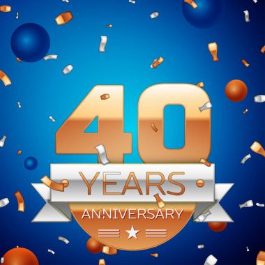 Gerçekçi kırk yıl yıldönümü kutlama tasarım. Golden numaraları ve gümüş şerit, mavi zemin üzerine konfeti. Doğum günü partin için renkli vektör şablon öğeleri