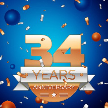 Gerçekçi otuz dört yıl yıldönümü kutlama tasarım. Golden numaraları ve gümüş şerit, mavi zemin üzerine konfeti. Doğum günü partin için renkli vektör şablon öğeleri. Yıldönümü şerit