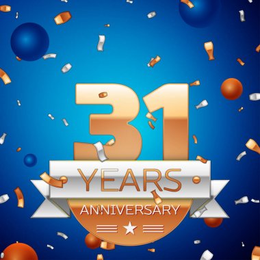 Gerçekçi otuz bir yıl yıldönümü kutlama tasarım. Golden numaraları ve gümüş şerit, mavi zemin üzerine konfeti. Doğum günü partin için renkli vektör şablon öğeleri. Yıldönümü şerit