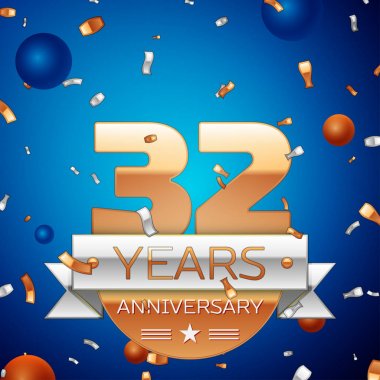 Gerçekçi otuz iki yıl yıldönümü kutlama tasarım. Golden numaraları ve gümüş şerit, mavi zemin üzerine konfeti. Doğum günü partin için renkli vektör şablon öğeleri. Yıldönümü şerit