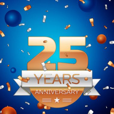 Gerçekçi yirmi beş yıl yıldönümü kutlama tasarım. Golden numaraları ve gümüş şerit, mavi zemin üzerine konfeti. Doğum günü partin için renkli vektör şablon öğeleri. Yıldönümü şerit