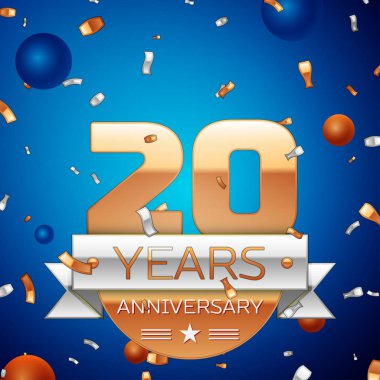 Gerçekçi yirmi yıl yıldönümü kutlama tasarım. Golden numaraları ve gümüş şerit, mavi zemin üzerine konfeti. Doğum günü partin için renkli vektör şablon öğeleri. Yıldönümü şerit