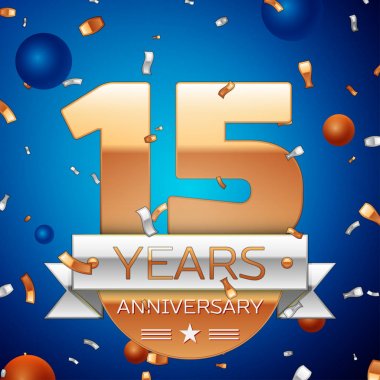 Gerçekçi on beş yıl yıldönümü kutlama tasarım. Golden numaraları ve gümüş şerit, mavi zemin üzerine konfeti. Doğum günü partin için renkli vektör şablon öğeleri. Yıldönümü şerit