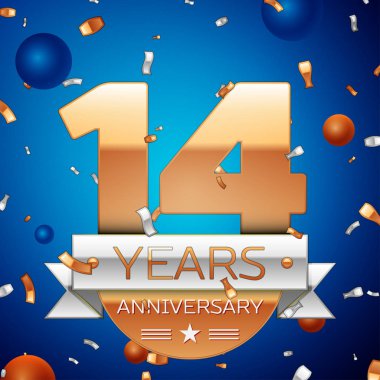 Gerçekçi on dört yıl yıldönümü kutlama tasarım. Golden numaraları ve gümüş şerit, mavi zemin üzerine konfeti. Doğum günü partin için renkli vektör şablon öğeleri. Yıldönümü şerit