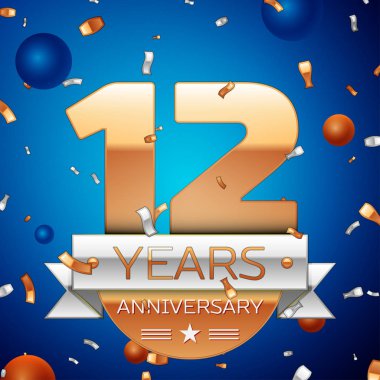 Gerçekçi on iki yıl yıldönümü kutlama tasarım. Golden numaraları ve gümüş şerit, mavi zemin üzerine konfeti. Doğum günü partin için renkli vektör şablon öğeleri. Yıldönümü şerit