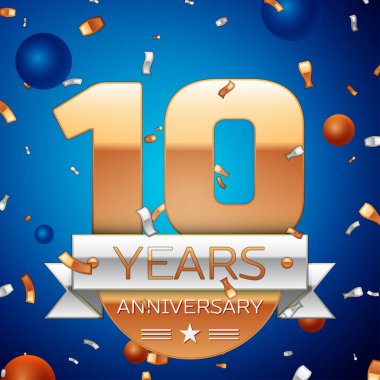 Gerçekçi on yıl yıldönümü kutlama tasarım. Golden numaraları ve gümüş şerit, mavi zemin üzerine konfeti. Doğum günü partin için renkli vektör şablon öğeleri. Yıldönümü şerit