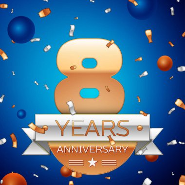 Gerçekçi sekiz yıl yıldönümü kutlama tasarım. Golden numaraları ve gümüş şerit, mavi zemin üzerine konfeti. Doğum günü partin için renkli vektör şablon öğeleri. Yıldönümü şerit