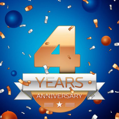 Gerçekçi dört yıl yıldönümü kutlama tasarım. Golden numaraları ve gümüş şerit, mavi zemin üzerine konfeti. Doğum günü partin için renkli vektör şablon öğeleri. Yıldönümü şerit