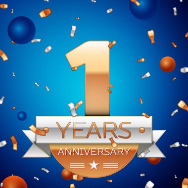 Gerçekçi bir yıl yıldönümü kutlama tasarım. Golden numaraları ve gümüş şerit, mavi zemin üzerine konfeti. Doğum günü partin için renkli vektör şablon öğeleri. Yıldönümü şerit