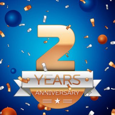 Gerçekçi iki yıl yıldönümü kutlama tasarım. Golden numaraları ve gümüş şerit, mavi zemin üzerine konfeti. Doğum günü partin için renkli vektör şablon öğeleri. Yıldönümü şerit