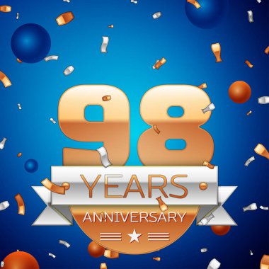 Gerçekçi doksan sekiz yıl yıldönümü kutlama tasarım. Golden numaraları ve gümüş şerit, mavi zemin üzerine konfeti. Doğum günü partin için renkli vektör şablon öğeleri