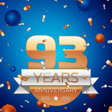 Gerçekçi doksan üç yıl yıldönümü kutlama tasarım. Golden numaraları ve gümüş şerit, mavi zemin üzerine konfeti. Doğum günü partin için renkli vektör şablon öğeleri