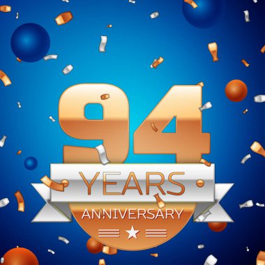Gerçekçi Doksan dört yıl yıldönümü kutlama tasarım. Golden numaraları ve gümüş şerit, mavi zemin üzerine konfeti. Doğum günü partin için renkli vektör şablon öğeleri