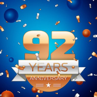 Gerçekçi doksan iki yıl yıldönümü kutlama tasarım. Golden numaraları ve gümüş şerit, mavi zemin üzerine konfeti. Doğum günü partin için renkli vektör şablon öğeleri