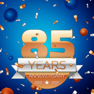 Gerçekçi Seksen beş yıl yıldönümü kutlama tasarım. Golden numaraları ve gümüş şerit, mavi zemin üzerine konfeti. Doğum günü partin için renkli vektör şablon öğeleri
