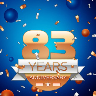 Gerçekçi seksen üç yıl yıldönümü kutlama tasarım. Golden numaraları ve gümüş şerit, mavi zemin üzerine konfeti. Doğum günü partin için renkli vektör şablon öğeleri