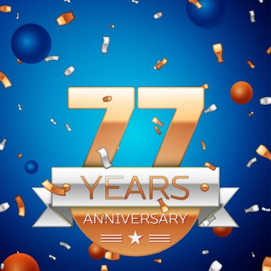 Gerçekçi yetmiş yedi yıl yıldönümü kutlama tasarım. Golden numaraları ve gümüş şerit, mavi zemin üzerine konfeti. Doğum günü partin için renkli vektör şablon öğeleri