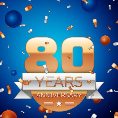 Gerçekçi seksen yıl yıldönümü kutlama tasarım. Golden numaraları ve gümüş şerit, mavi zemin üzerine konfeti. Doğum günü partin için renkli vektör şablon öğeleri