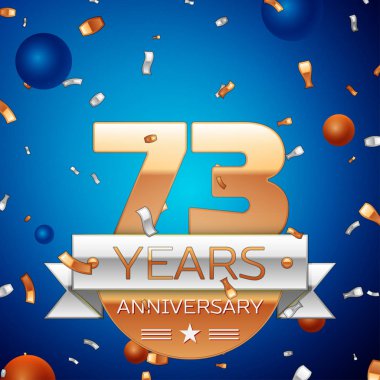 Gerçekçi yetmiş üç yıl yıldönümü kutlama tasarım. Golden numaraları ve gümüş şerit, mavi zemin üzerine konfeti. Doğum günü partin için renkli vektör şablon öğeleri