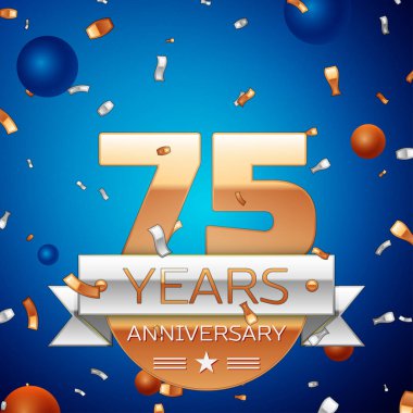 Gerçekçi yetmiş beş yıl yıldönümü kutlama tasarım. Golden numaraları ve gümüş şerit, mavi zemin üzerine konfeti. Doğum günü partin için renkli vektör şablon öğeleri