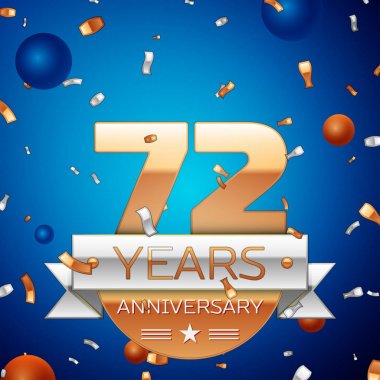 Gerçekçi yetmiş iki yıl yıldönümü kutlama tasarım. Golden numaraları ve gümüş şerit, mavi zemin üzerine konfeti. Doğum günü partin için renkli vektör şablon öğeleri