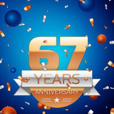 Gerçekçi altmış yedi yıl yıldönümü kutlama tasarım. Golden numaraları ve gümüş şerit, mavi zemin üzerine konfeti. Doğum günü partin için renkli vektör şablon öğeleri