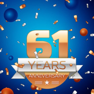 Gerçekçi altmış bir yıl yıldönümü kutlama tasarım. Golden numaraları ve gümüş şerit, mavi zemin üzerine konfeti. Doğum günü partin için renkli vektör şablon öğeleri