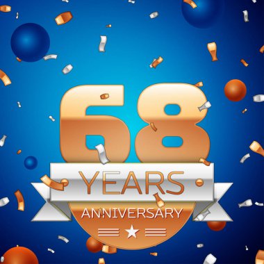 Gerçekçi Altmış sekiz yıl yıldönümü kutlama tasarım. Golden numaraları ve gümüş şerit, mavi zemin üzerine konfeti. Doğum günü partin için renkli vektör şablon öğeleri