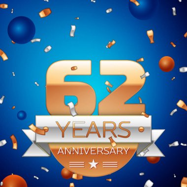 Gerçekçi altmış iki yıl yıldönümü kutlama tasarım. Golden numaraları ve gümüş şerit, mavi zemin üzerine konfeti. Doğum günü partin için renkli vektör şablon öğeleri