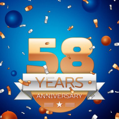 Gerçekçi elli sekiz yıl yıldönümü kutlama tasarım. Golden numaraları ve gümüş şerit, mavi zemin üzerine konfeti. Doğum günü partin için renkli vektör şablon öğeleri