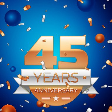 Gerçekçi kırk beş yıl yıldönümü kutlama tasarım. Golden numaraları ve gümüş şerit, mavi zemin üzerine konfeti. Doğum günü partin için renkli vektör şablon öğeleri