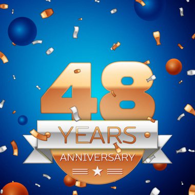 Gerçekçi kırk sekiz yıl yıldönümü kutlama tasarım. Golden numaraları ve gümüş şerit, mavi zemin üzerine konfeti. Doğum günü partin için renkli vektör şablon öğeleri