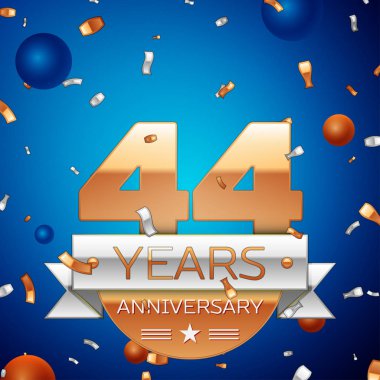 Gerçekçi kırk dört yıl yıldönümü kutlama tasarım. Golden numaraları ve gümüş şerit, mavi zemin üzerine konfeti. Doğum günü partin için renkli vektör şablon öğeleri