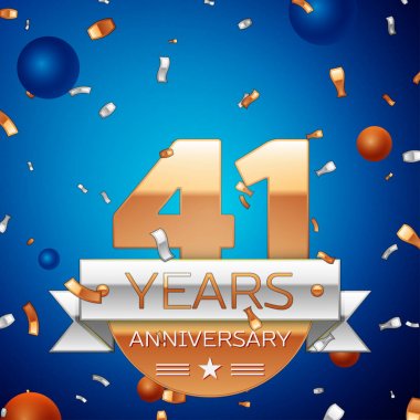 Gerçekçi kırk bir yıl yıldönümü kutlama tasarım. Golden numaraları ve gümüş şerit, mavi zemin üzerine konfeti. Doğum günü partin için renkli vektör şablon öğeleri