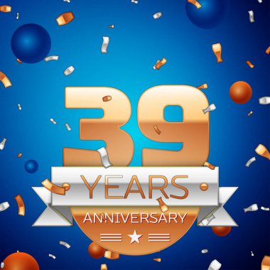 Gerçekçi otuz dokuz yıl yıldönümü kutlama tasarım. Golden numaraları ve gümüş şerit, mavi zemin üzerine konfeti. Doğum günü partin için renkli vektör şablon öğeleri. Yıldönümü şerit