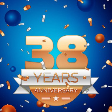 Gerçekçi otuz sekiz yıl yıldönümü kutlama tasarım. Golden numaraları ve gümüş şerit, mavi zemin üzerine konfeti. Doğum günü partin için renkli vektör şablon öğeleri