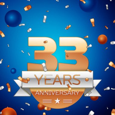 Gerçekçi otuz üç yıl yıldönümü kutlama tasarım. Golden numaraları ve gümüş şerit, mavi zemin üzerine konfeti. Doğum günü partin için renkli vektör şablon öğeleri